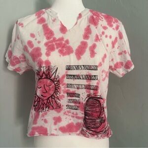 Pink Tie-Dye Upcycled Graphic Tee, Celestial, Sun, Moon, Cropped, Small